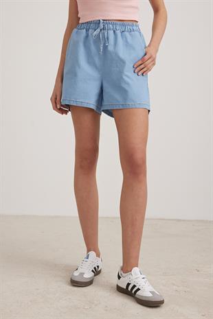 Salaş Cep Detaylı Kadın Kot Şort BLUE