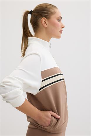 Şerit Detaylı Fermuarlı Oysho Sweatshirt KAHVERENGİ