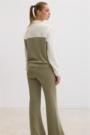 Şerit Detaylı Fermuarlı Oysho Sweatshirt HAKİ