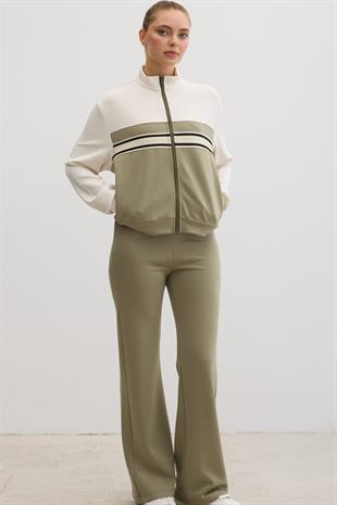 Şerit Detaylı Fermuarlı Oysho Sweatshirt HAKİ