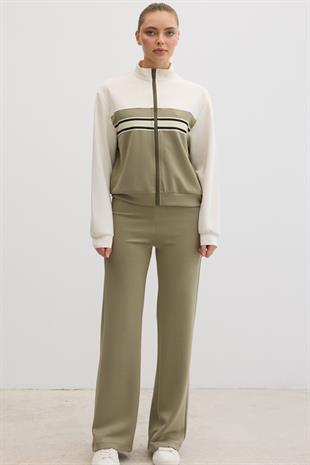 Şerit Detaylı Fermuarlı Oysho Sweatshirt HAKİ