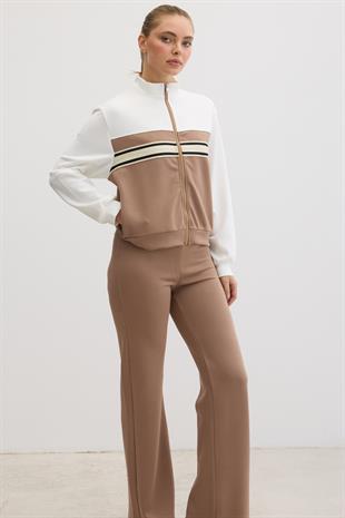 Şerit Detaylı Fermuarlı Oysho Sweatshirt KAHVERENGİ