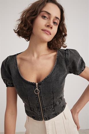 BLACK CROP ZIPPERED BLOUSE BLACK