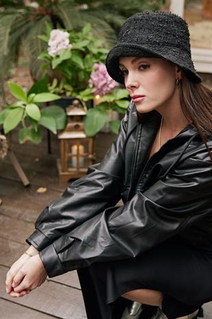 Suni Deri  Kapüşonlu Beli Lastikli Kadın Ceket SİYAH