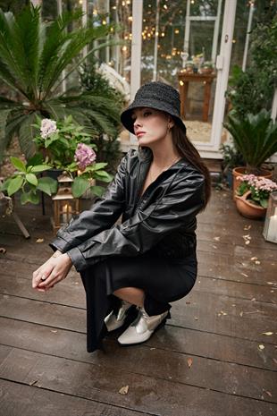 Suni Deri  Kapüşonlu Beli Lastikli Kadın Ceket SİYAH