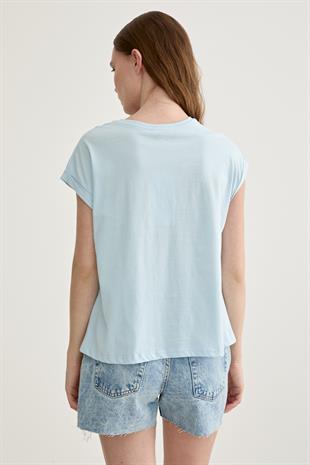 Baskı Detaylı Kısa Kollu T-Shirt MAVİ