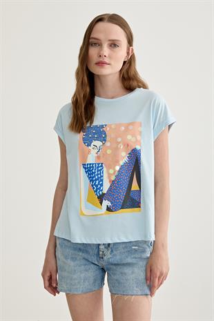 Baskı Detaylı Kısa Kollu T-Shirt MAVİ