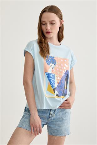 Baskı Detaylı Kısa Kollu T-Shirt MAVİ