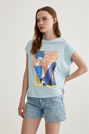 Baskı Detaylı Kısa Kollu T-Shirt MAVİ