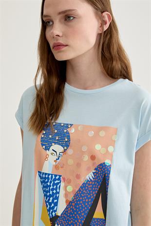 Baskı Detaylı Kısa Kollu T-Shirt MAVİ