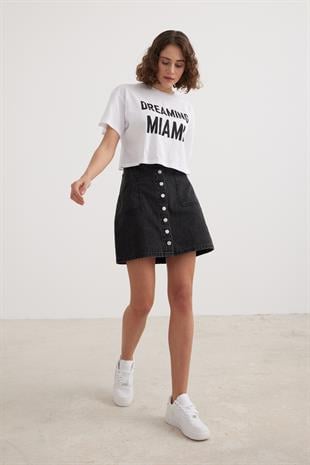 Kadın Crop Yazılı Tshirt BEYAZ