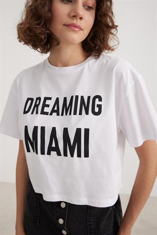 Kadın Crop Yazılı Tshirt BEYAZ