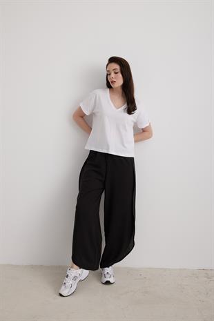 V-Neck Folded Sleeve Womens T-shirt White