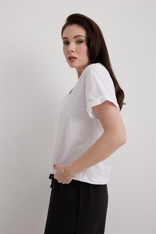 V-Neck Folded Sleeve Womens T-shirt White