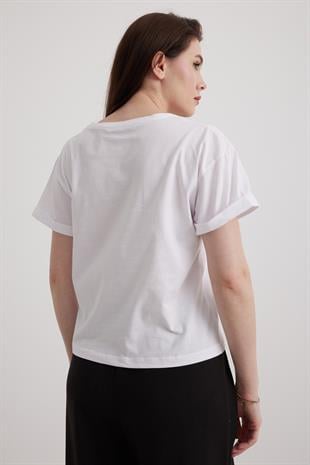 V-Neck Folded Sleeve Womens T-shirt White