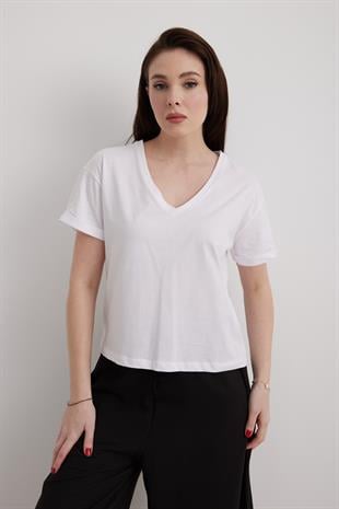 V-Neck Folded Sleeve Womens T-shirt White