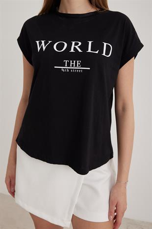 Yazı Detaylı Kısa Kol Kadın Tshirt SİYAH
