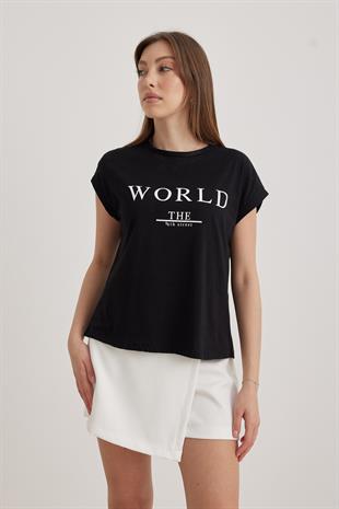 Yazı Detaylı Kısa Kol Kadın Tshirt SİYAH