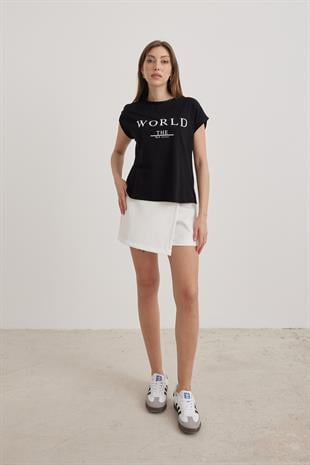 Yazı Detaylı Kısa Kol Kadın Tshirt SİYAH