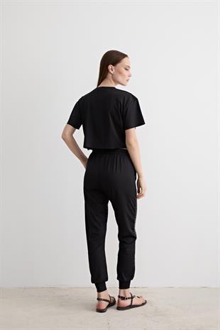 Taş Detaylı Kısa Kollu Oversize T-shirt SİYAH