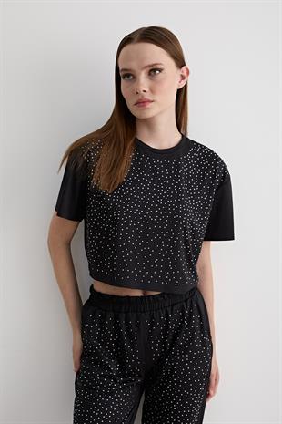 Taş Detaylı Kısa Kollu Oversize T-shirt SİYAH