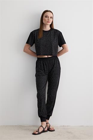 Taş Detaylı Kısa Kollu Oversize T-shirt SİYAH