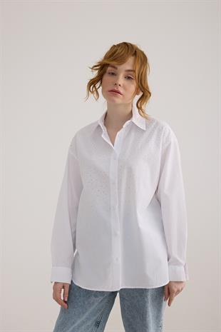 Taş Detaylı Oversize Gömlek BEYAZ