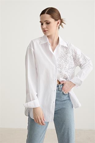 Taş Detaylı Oversize Gömlek BEYAZ