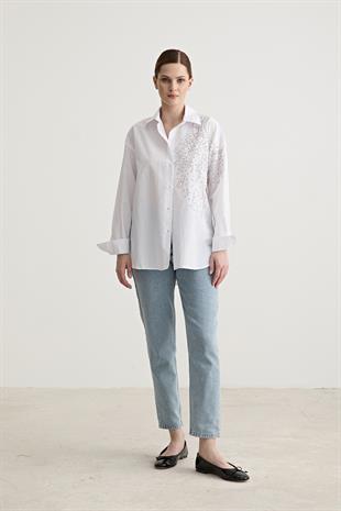 Taş Detaylı Oversize Gömlek BEYAZ