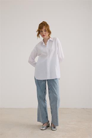 Taş Detaylı Oversize Gömlek BEYAZ