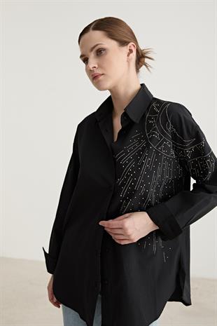 Taş Detaylı Oversize Gömlek SİYAH