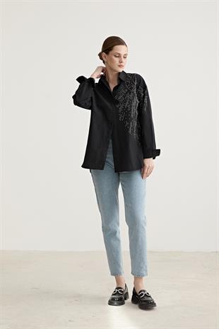Taş Detaylı Oversize Gömlek SİYAH