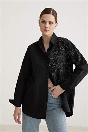Taş Detaylı Oversize Gömlek SİYAH