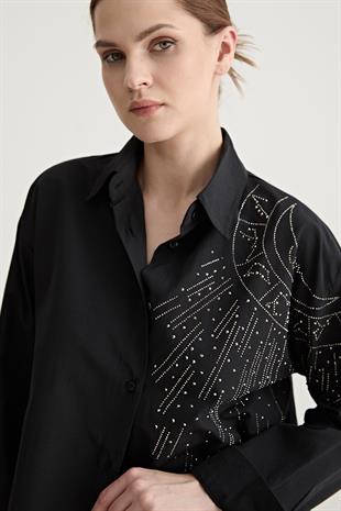Taş Detaylı Oversize Gömlek SİYAH