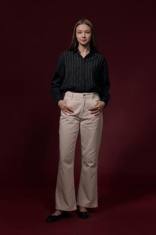 Taş Detaylı Oversize Gömlek SİYAH