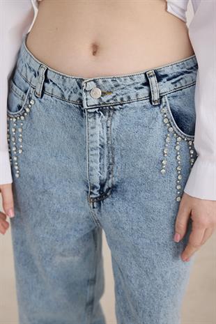 Taş Detaylı Uzun Kot Pantolon KAR YIKAMA