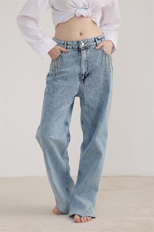 Taş Detaylı Uzun Kot Pantolon KAR YIKAMA