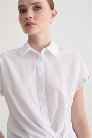 Taş Detaylı Yandan Bağlamalı Gömlek BEYAZ