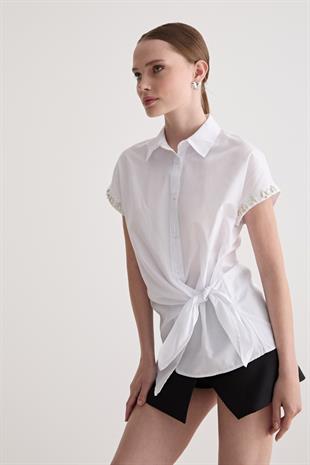 Taş Detaylı Yandan Bağlamalı Gömlek BEYAZ