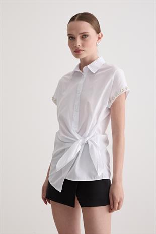 Taş Detaylı Yandan Bağlamalı Gömlek BEYAZ