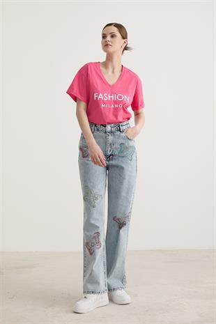 Taş Kelebek Detaylı Geniş Paçalı Denim Pantolon BLUE