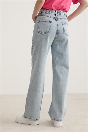 Taş Kelebek Detaylı Geniş Paçalı Denim Pantolon BLUE