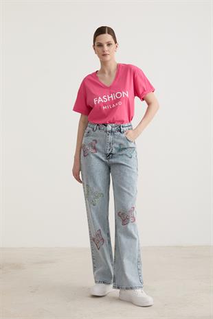 Taş Kelebek Detaylı Geniş Paçalı Denim Pantolon BLUE