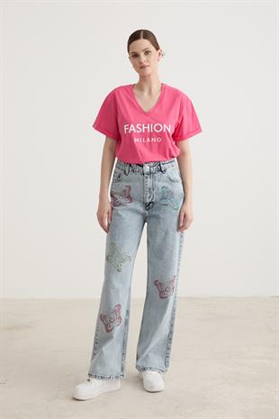 Taş Kelebek Detaylı Geniş Paçalı Denim Pantolon BLUE