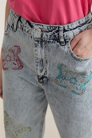 Taş Kelebek Detaylı Geniş Paçalı Denim Pantolon BLUE