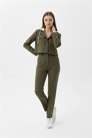 Tek Pileli Kumaş Pantolon HAKİ