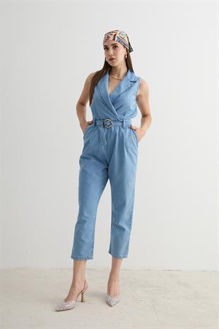 Toka Detaylı Kolsuz Uzun Tulum BUZ MAVİ