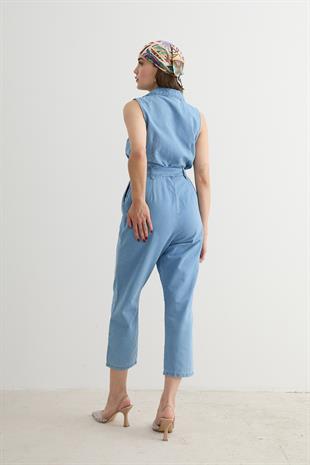 Toka Detaylı Kolsuz Uzun Tulum BUZ MAVİ