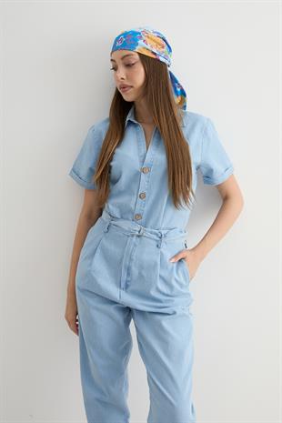 Toka Detaylı Uzun Kot Tulum BUZ MAVİ