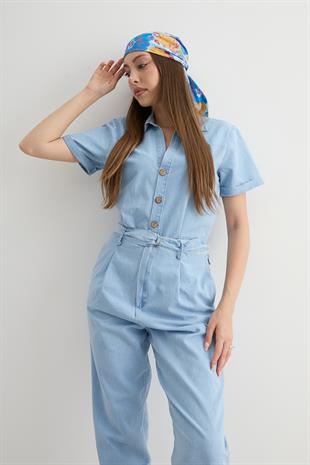 Toka Detaylı Uzun Kot Tulum BUZ MAVİ